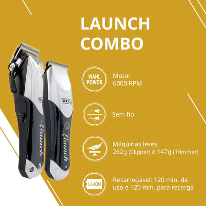 Wahl Combo Maquina de corta cabelo Launch e Maquina de acabamento Trimmer Profissional Motor Rotativo 6.000 RPM, Bivolt