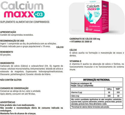 Calcium Maxx Cálcio D3 500mg 2000ui 60 Capsulas Maxinutri