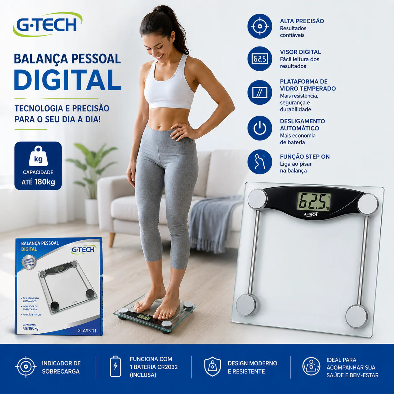 Balança G-tech Glass 10 Digital Vidro Temperado Até 180 Kg