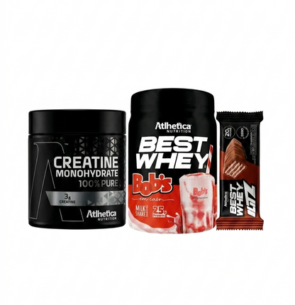 Combo Performance Best Whey Milkshake Morango Bobs + Creatina + Blitz Bar Atlhetica