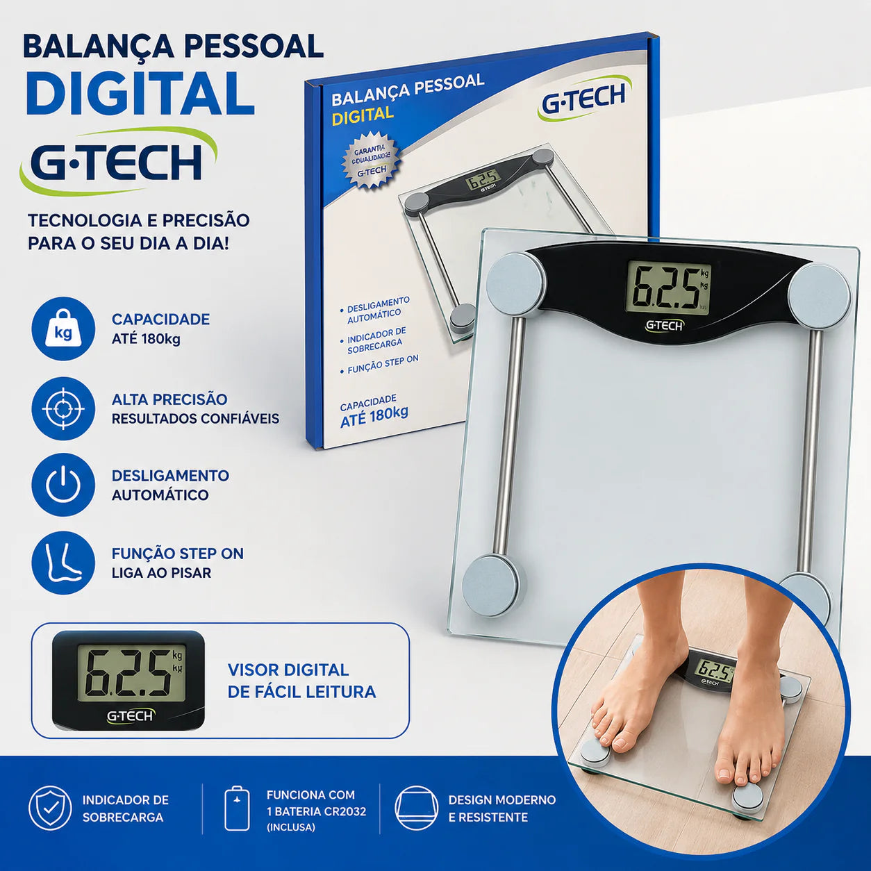 Balança G-tech Glass 10 Digital Vidro Temperado Até 180 Kg
